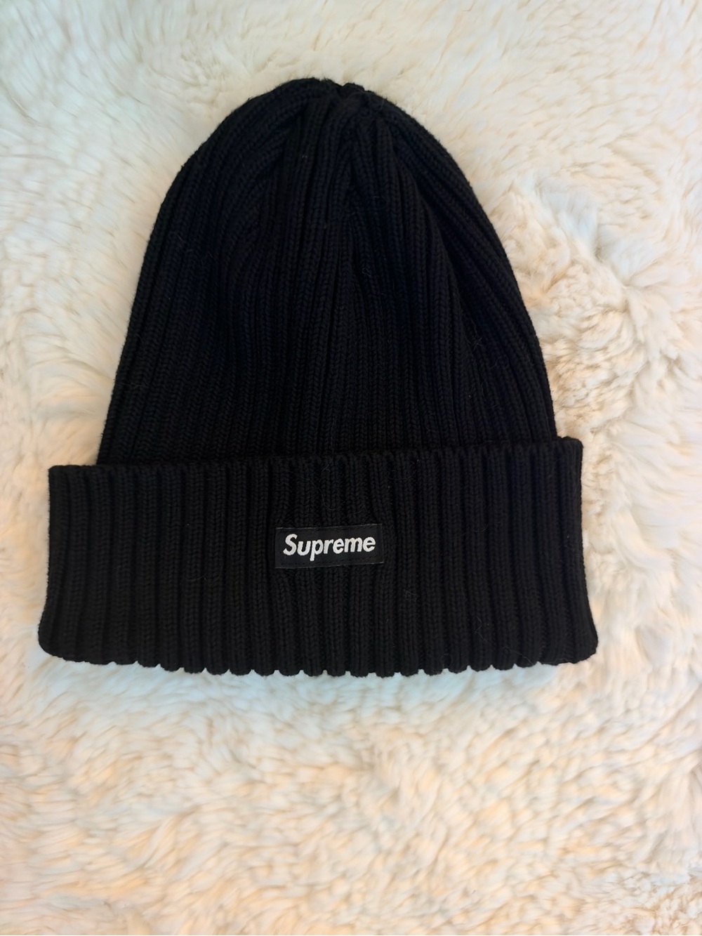 Supreme Black Ribbed Cuff Beanie with Logo Patch